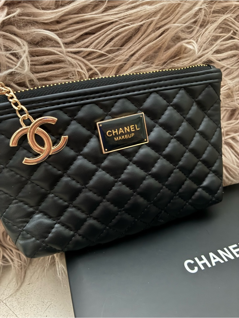 CHANEL Black Quilted Leather Cosmetic Pouch with Gold CC Charm GWP - Picture 2 of 8